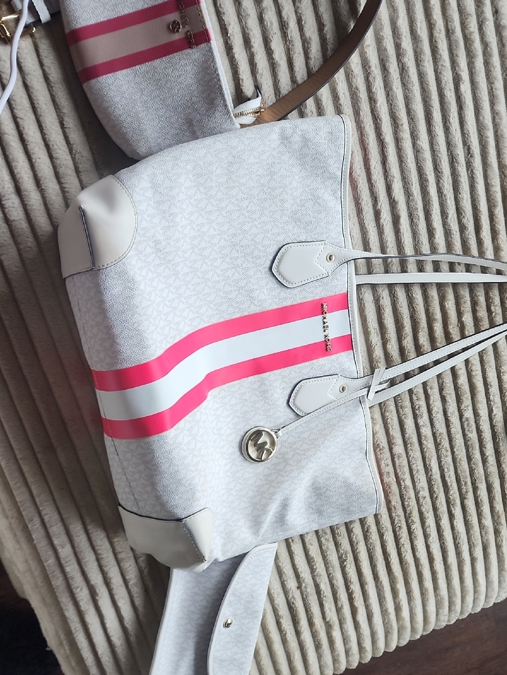 Michael Kors White Tote with Pink Racing Stripes, Fanny Pack, And Wallet